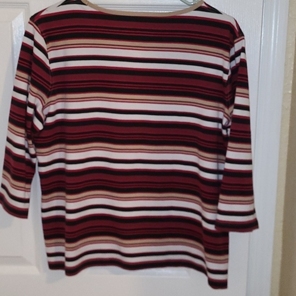 Coral Bay Womens Quarter Sleeve V-Neck Striped Maroon Black White Red Tan Shirt - Picture 2 of 2